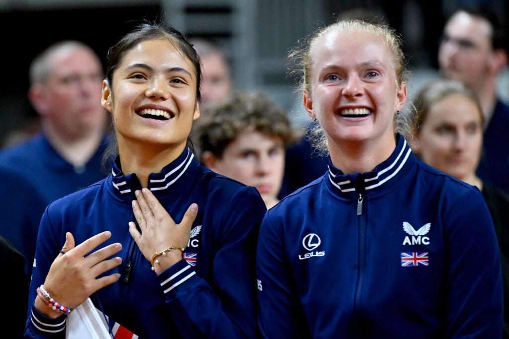 Team of Great Britain line up for the national anthem at the open ceremony of the France against Great Britain matches during the Billie Jean King Cup Qualifier match between France and Great Britain at Le Chaudron on April 12, 2024 in Le Portel, France.