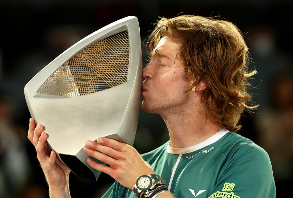 Andrey Rublev celebrates after winning the Madrid Open