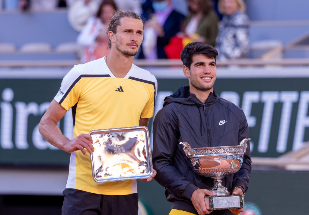 Alexander Zverev and Carlos Alcaraz pictured at the 2024 French Open