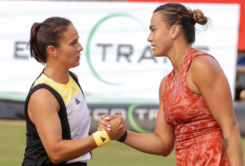 Daria Kasatkina of Russia shakes hands with her opponent during the ladies single match against Aryna Sabalenka of Belarus during day four of the Berlin Ladies Open 2024 on June 20, 2024 in Berlin, Germany.