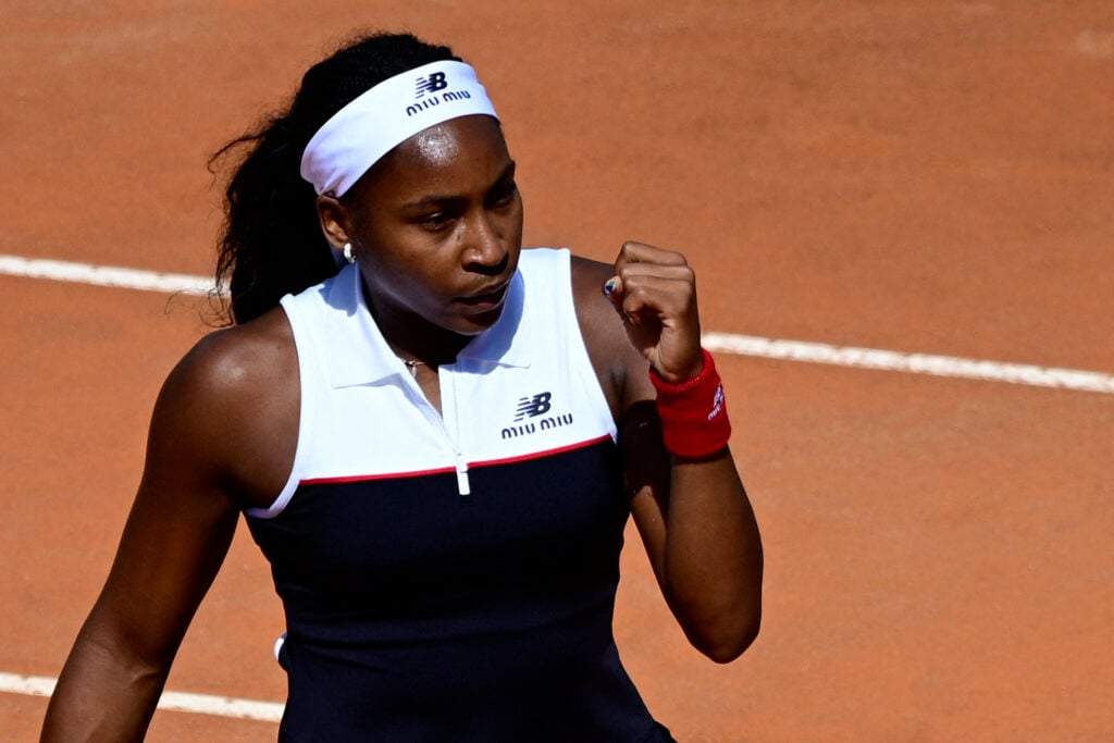 USA's Coco Gauff reacts during her match against British Emma Raducanu at the WTA Rome Open tennis tournament at Foro Italico in Rome on May 12, 2025.