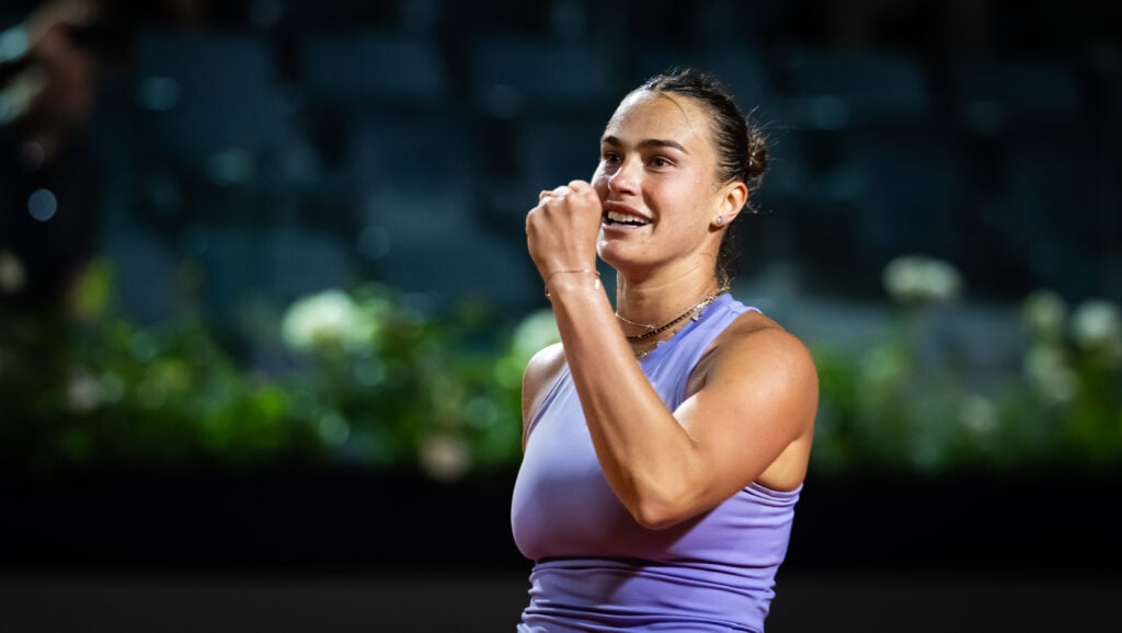 Aryna Sabalenka reacts while playing against Marta Kostyuk of Ukraine in the fourth round on Day Eight of the Internazionali BNL D'Italia at Foro Italico on May 12, 2025 in Rome, Italy