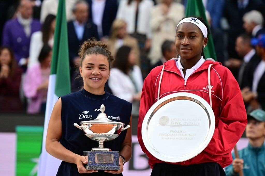 Coco Gauff and Jasmine Paolini pictured together after the 2025 Italian Open final