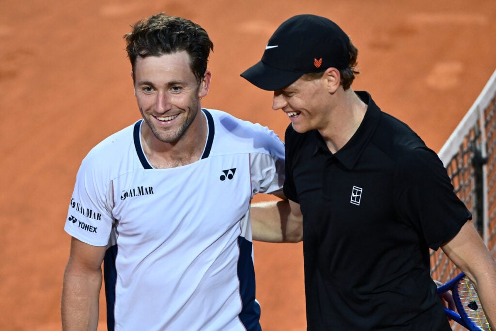 Jannik Sinner of Italy greet Casper Ruud of Norway during the Men's Single quarter-final match on Day Eleven of the Internazionali BNL D'Italia 2025 at Foro Italico on May 15, 2025 in Rome, Italy.