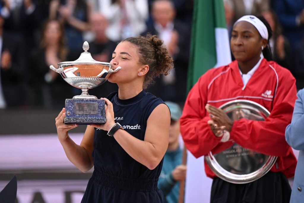 Coco Gauff and Jasmine Paolini pictured after the 2025 Italian Open final