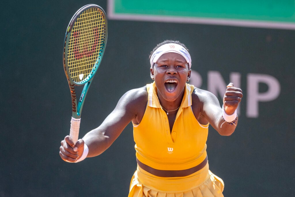 Victoria Mboko of Canada celebrates her victory against Lulu Sun of New Zealand in the first round of the singles competition on Court Nine during the 2025 French Open Tennis Tournament at Roland Garros on May 25th, 2025, in Paris, France.