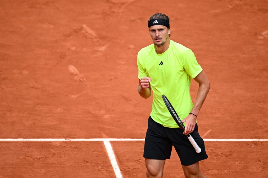 Alexander Zverev of Germany reacts against Learner Tien of the United States during the Men's Singles First Round match on Day Three of the 2025 French Open at Roland Garros on May 27, 2025 in Paris, France.