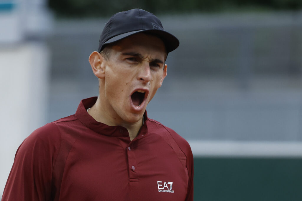 Matteo Arnaldi of Italy during his first round victory against Felix Auger-Aliassime of Canada on day 3 of the 2025 French Open, Roland-Garros 2025, Grand Slam tennis tournament at Roland Garros stadium on May 27, 2025 in Paris, France.