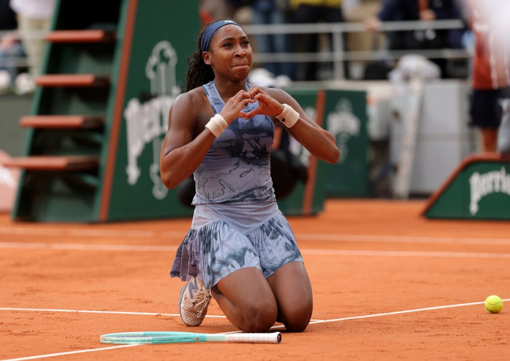 Coco Gauff celebrates after winning the 2025 French Open