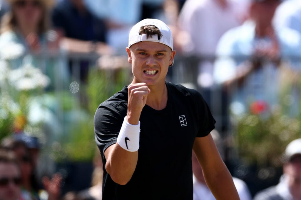 Holger Rune of Denmark celebrates a point against Christopher O'Connell of Australia during the Men's Singles First Round match on Day Eight of the 2025 HSBC Championships at The Queen's Club on June 16, 2025 in London, England.