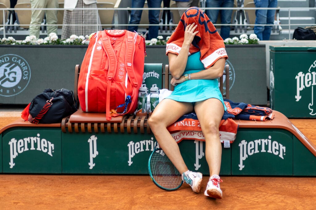 Aryna Sabalenka reacts after losing the French Open final