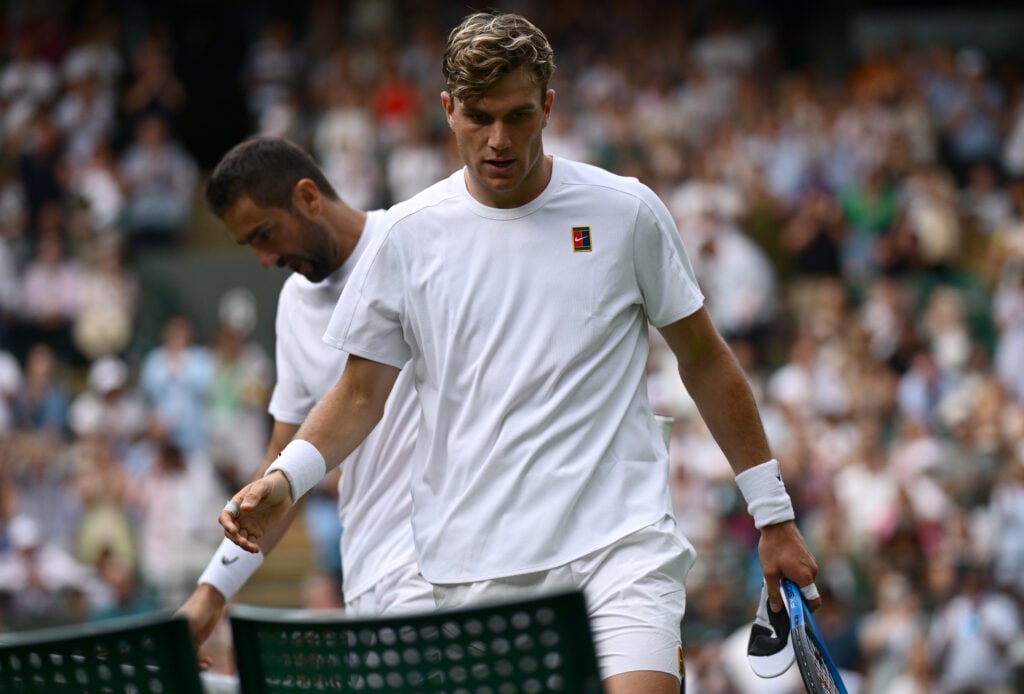 Jack Draper of Great Britain looks dejected following defeat against Marin Cilic of Croatia during the Gentlemen's Singles second round match on day four of The Championships Wimbledon 2025 at All England Lawn Tennis and Croquet Club on July 03, 2025 in London, England.
