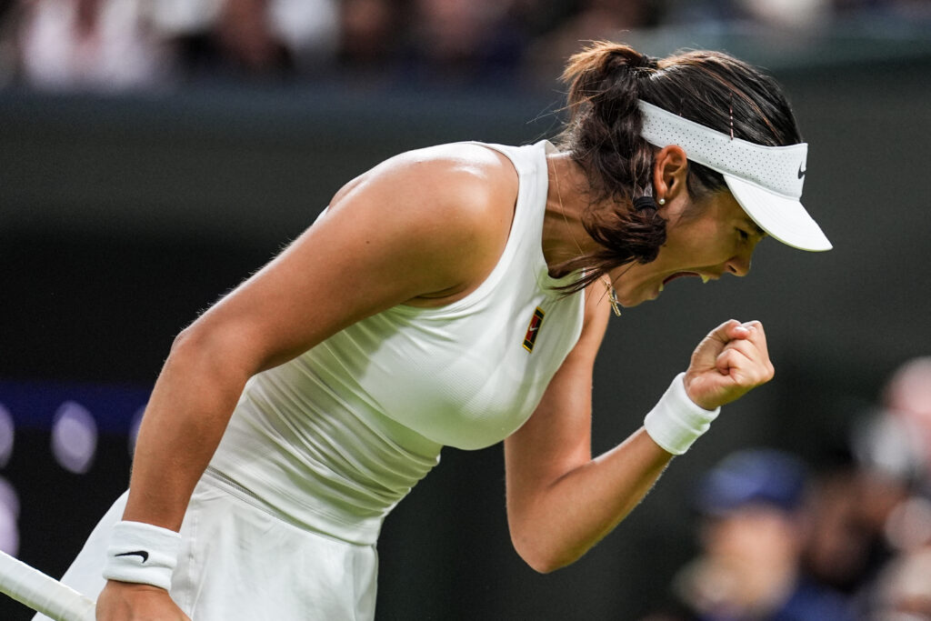 Emma Raducanu celebrates at Wimbledon in 2025