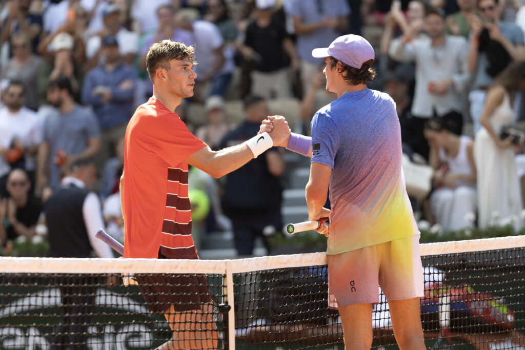 Winner Jack Draper of Great Britain is congratulated at the net after his match against Joao Fonseca of Brazil in the third round of the singles competition on Court Suzanne-Lenglen during the 2025 French Open Tennis Tournament at Roland Garros on May 31st, 2025, in Paris, France.