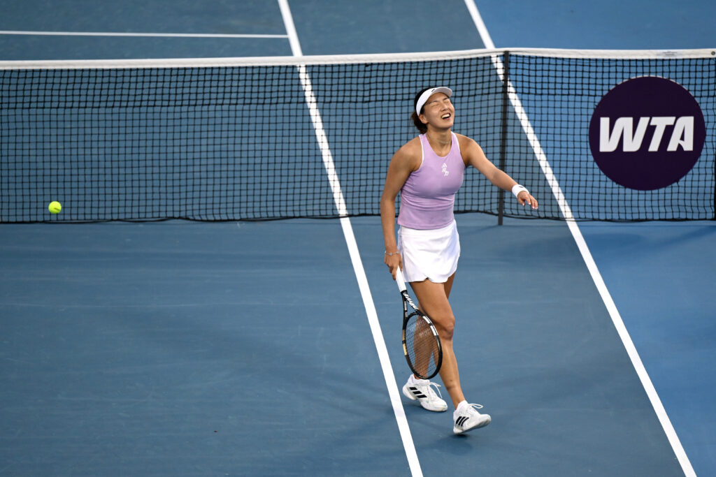 Xinyu Wang of China celebrates reacts during her semifinal match against Eala Alexandra of the Philippines during day six of the 2025 ASB Classic at ASB Tennis Centre on January 10, 2026 in Auckland, New Zealand.