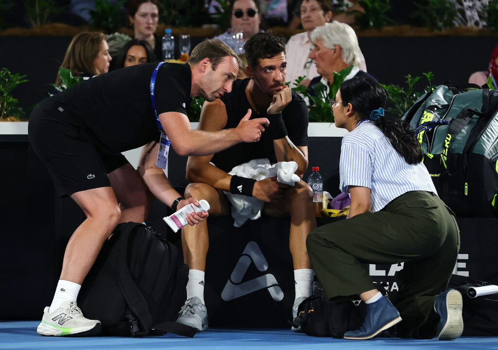 Thanasi Kokkinakis receiving a medical timeout at the 2026 Adelaide International.