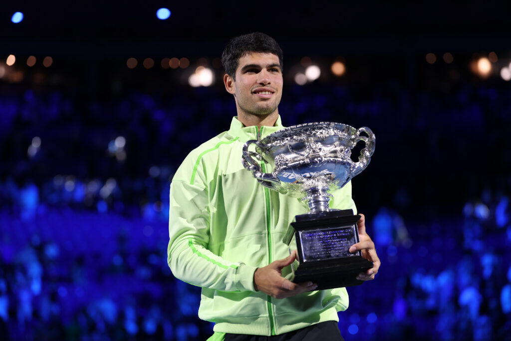 Carlos Alcaraz celebrates after winning the 2026 Australian Open