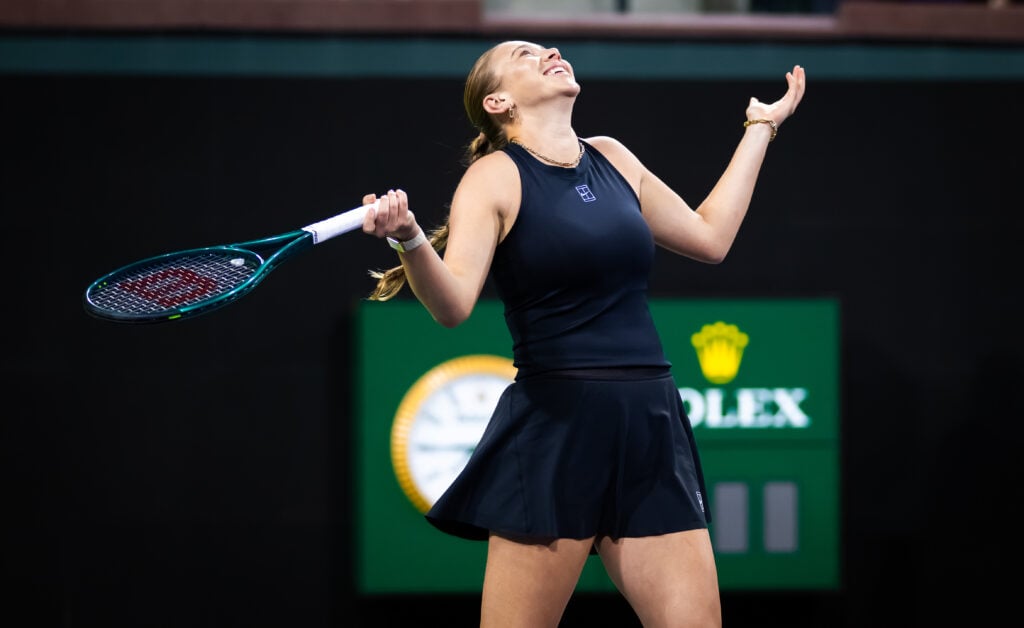 Amanda Anisimova of the United States during the Eisenhower Cup Tie Break Tens event ahead of the BNP Paribas Open at Indian Wells Tennis Garden on March 03, 2026 in Indian Wells, California