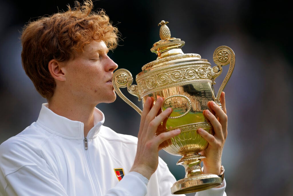 Jannik Sinner celebrates winning Wimbledon in 2026