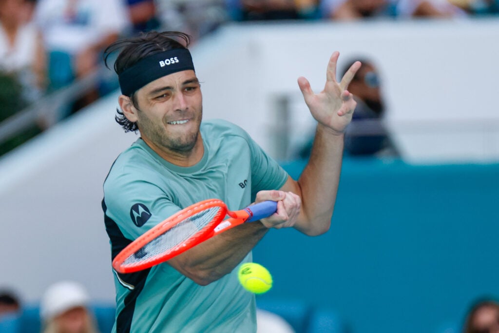 Taylor Fritz (USA) in action during a men's fourth round singles match against Jiri Lehecka (CZE) at the Miami Open on March 24, 2026, at Hard Rock Stadium in Miami Gardens, Florida