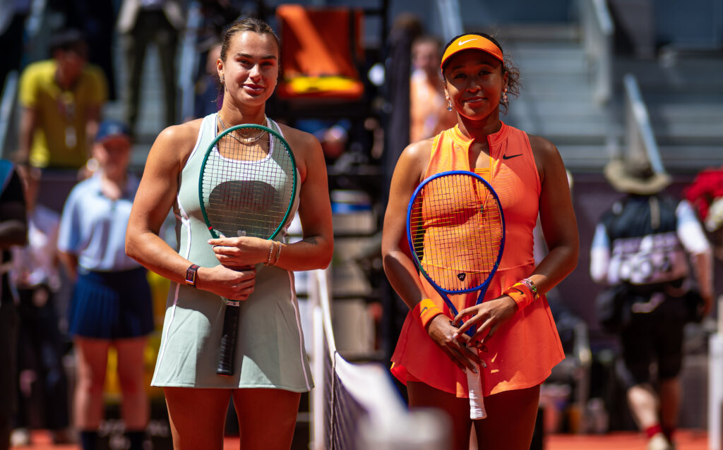 Aryna Sabalenka and Naomi Osaka of Japan pose for a photo before the fourth round on Day Eight of the Mutua Madrid Open at La Caja Magica on April 27, 2026 in Madrid, Spain