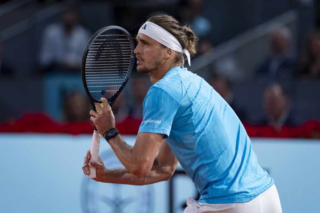 Alexander Zverev prepares to serve during the 2026 Madrid Open semi-finals