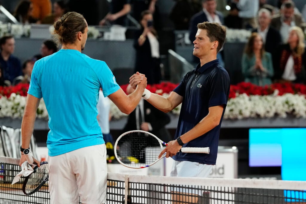 Alexander Zverev and Alexander Blockx shake hands after their Madrid Open semi-final.