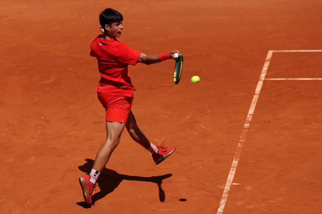 Jaime Alcaraz hits a forehand at the 2026 Madrid Open