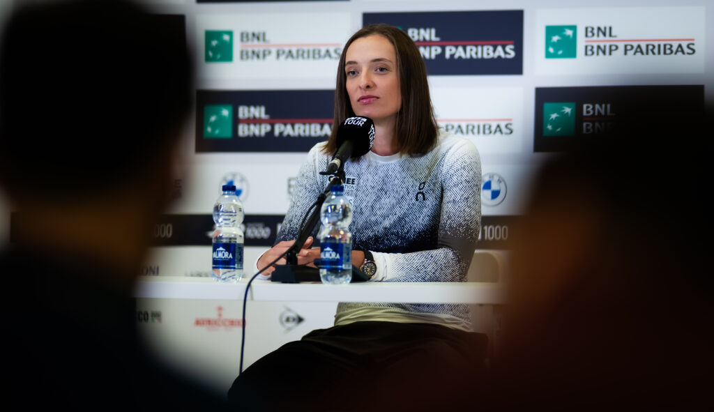 Iga Swiatek of Poland talks to the media on Day One of the Internazionali BNL D'Italia at Foro Italico on May 05, 2026 in Rome, Italy.