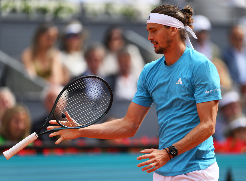 Alexander Zverev tosses his racket during the Madrid Open final