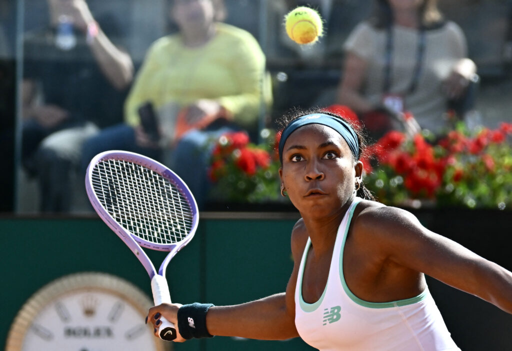 Coco Gauff hits a forehand at the 2026 Italian Open