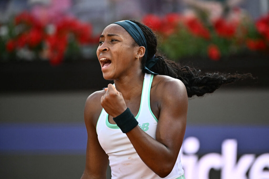 Coco Gauff celebrates during her second-round win at the 2026 Italian Open