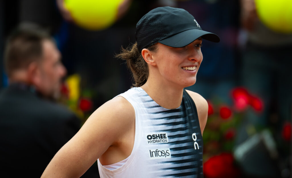 Iga Swiatek pictured during a post-match interview at the 2026 Italian Open