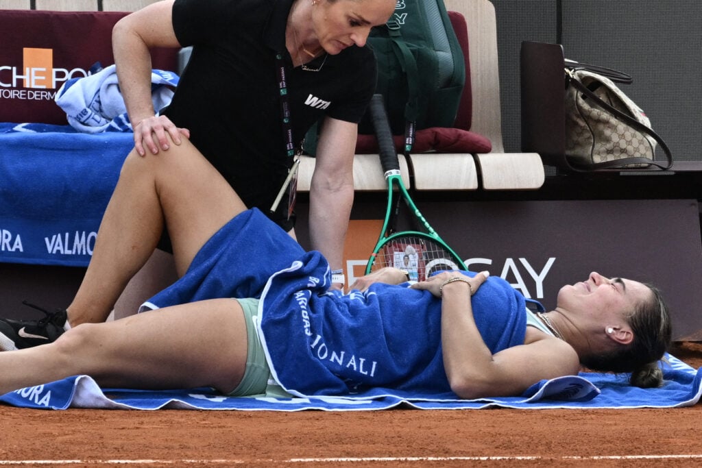 Aryna Sabalenka receives medical treatment at the 2026 Italian Open