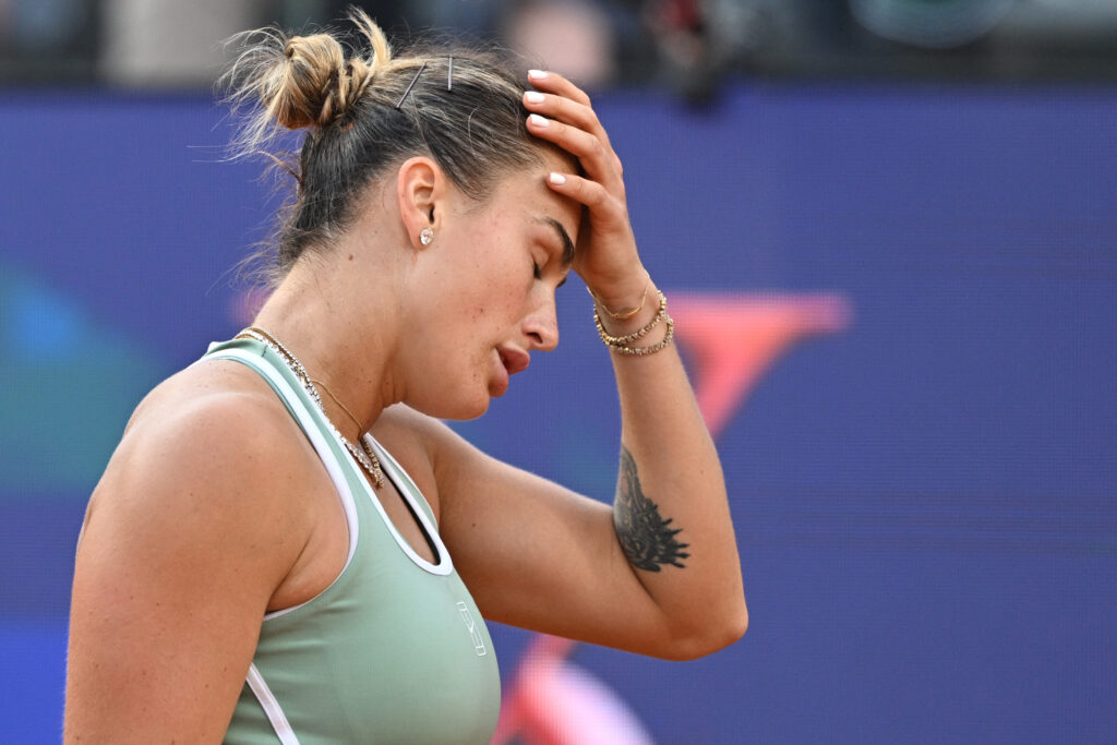 Aryna Sabalenka reacts during her defeat to Sorana Cirstea in Rome