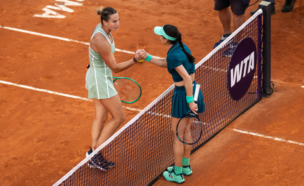 Aryna Sabalenka and Sorana Cirstea of Romania shake hands at the net after the third round on Day Five of the Internazionali BNL D'Italia at Foro Italico on May 09, 2026 in Rome, Italy