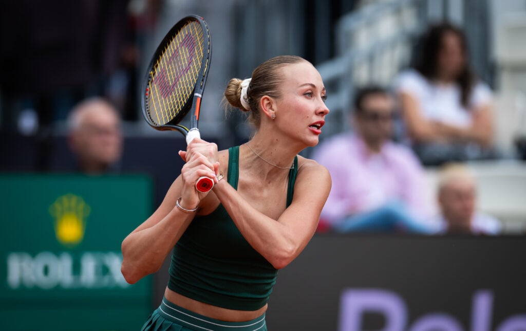 Anastasia Potapova of Austria in action against Liudmila Samsonova in the third round on Day Six of the Internazionali BNL D'Italia at Foro Italico on May 10, 2026 in Rome, Italy