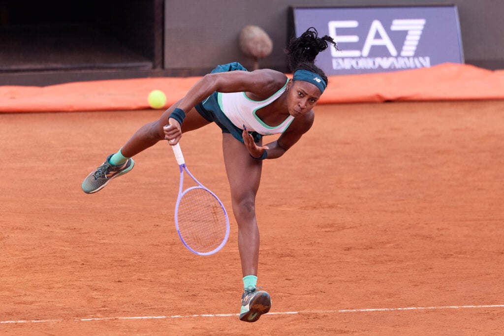 Coco Gauff hits a serve at the 2026 Italian Open