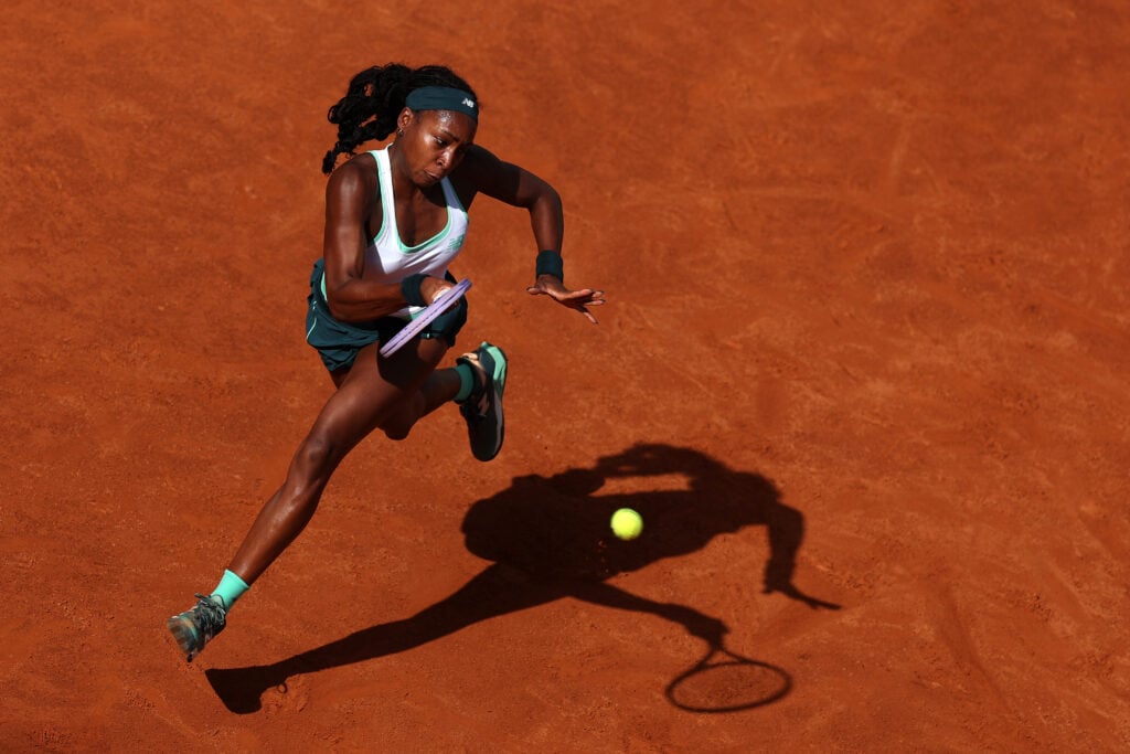 Coco Gauff of United States plays a forehand against Tereza Valentova of Tereza Valentova of Czechia during the Women's Singles second Round match on Day Three of Internazionali BNL D'Italia 2026 at Foro Italico on May 07, 2026 in Rome, Italy.