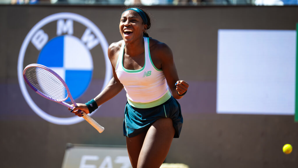 Coco Gauff of the United States reacts to defeating Iva Jovic of the United States in the fourth round on Day Seven of the Internazionali BNL D'Italia at Foro Italico on May 11, 2026 in Rome, Italy