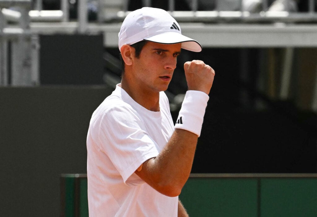 Spain's Rafael Jodar celebrates a point against Learner Tien of the U.S. during the ATP Rome Open tennis tournament at Foro Italico in Rome on May 12, 2026.