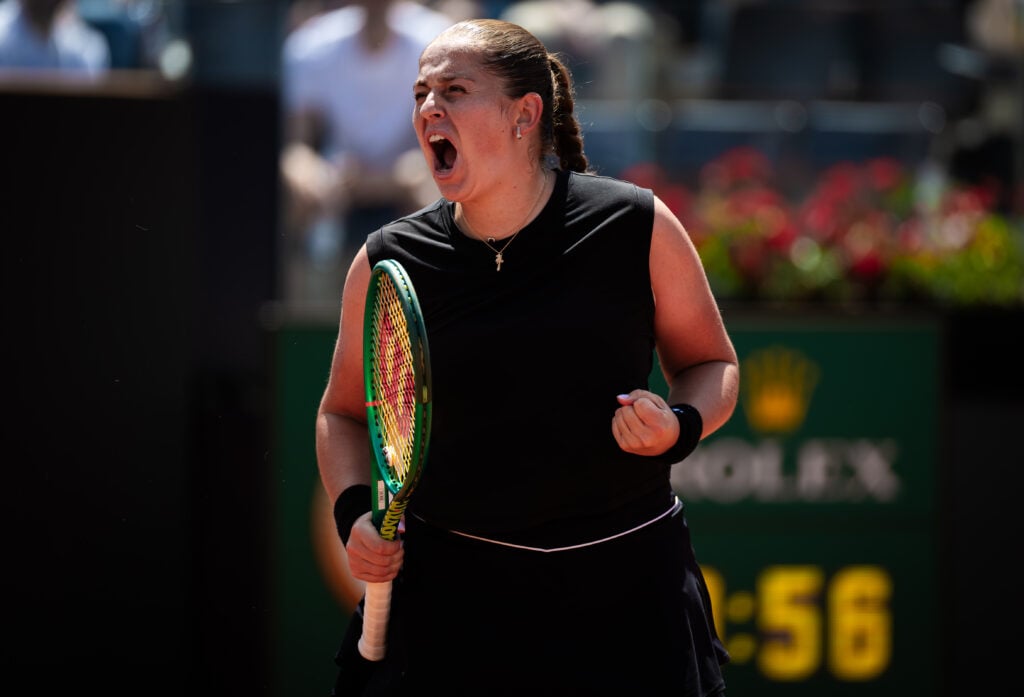 Jelena Ostapenko of Latvia reacts during her match against Sorana Cirstea of Romania in the quarter-final on Day Eight of the Internazionali BNL D'Italia at Foro Italico on May 12, 2026 in Rome, Italy