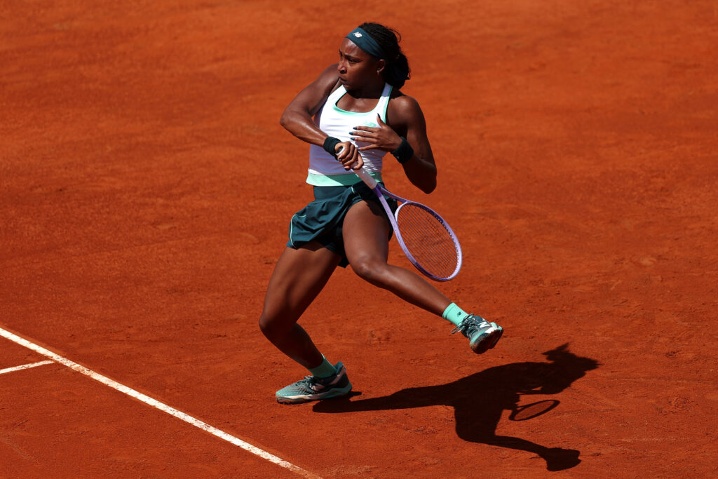 Coco Gauff hits a forehand in her match against Solana Sierra at the 2026 Italian Open.