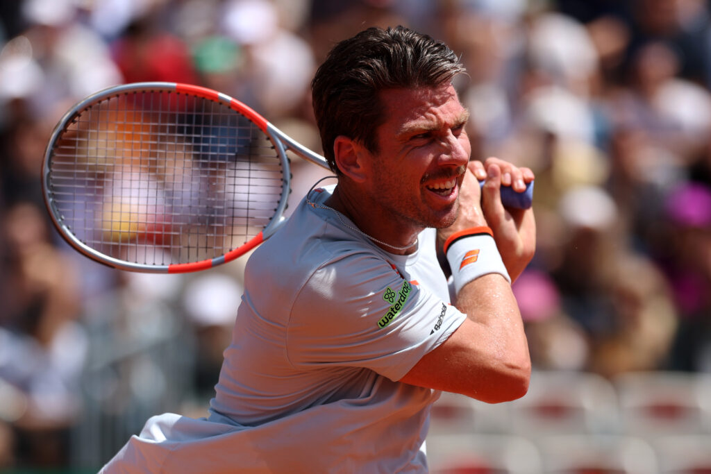 Cameron Norrie of Great Britain plays a backhand against Thiago Agustín Tirante of Argentina in their Round of 64 match during day Five of the Internazionali BNL D'Italia 2026 at Foro Italico on May 09, 2026 in Rome, Italy.