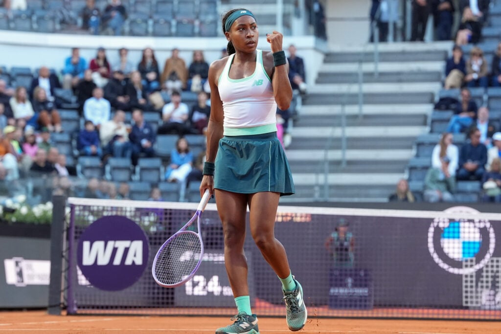 Coco Gauff of United States reacts during the match against Mirra Andreeva of Russia at the Internazionali BNL d'Italia 2026 tennis tournament. Coco Gauff won 4-6, 6-2, 6-4.