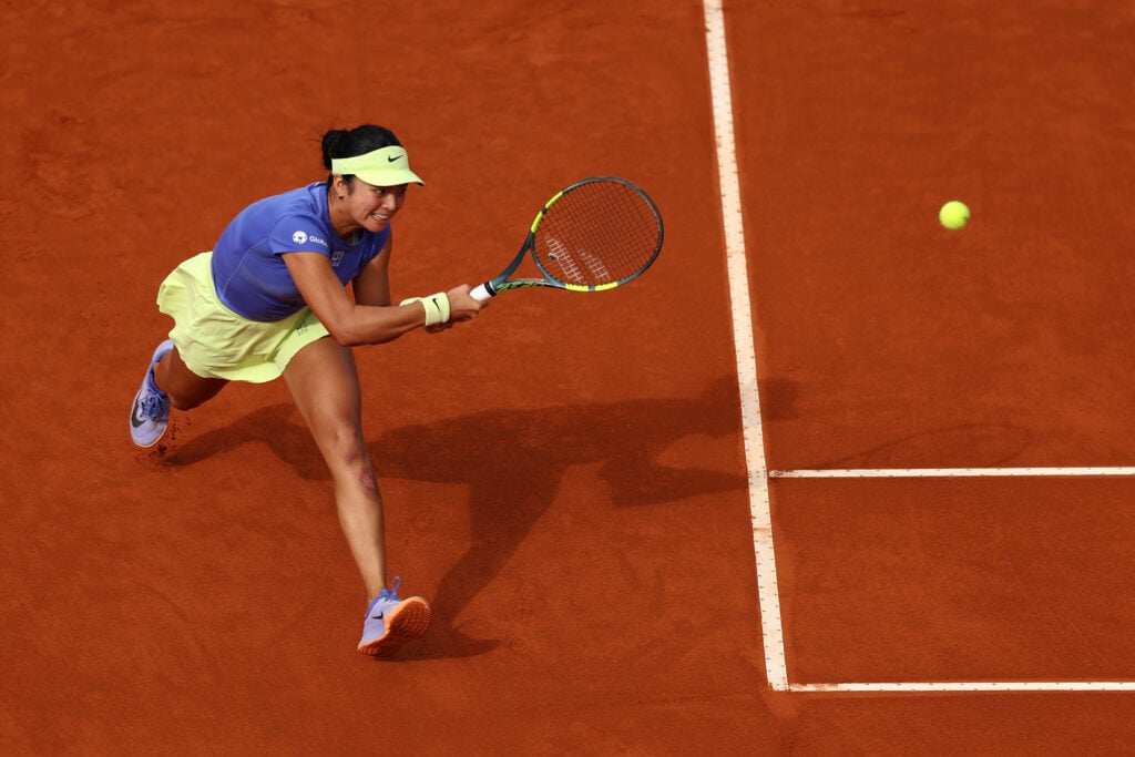 Alexandra Eala of Philippines plays a backhand against Elena Rybakina of Kazakhstan in their Round of 64 match on day Six of the Internazionali BNL D'Italia 2026 at Foro Italico on May 10, 2026 in Rome, Italy.
