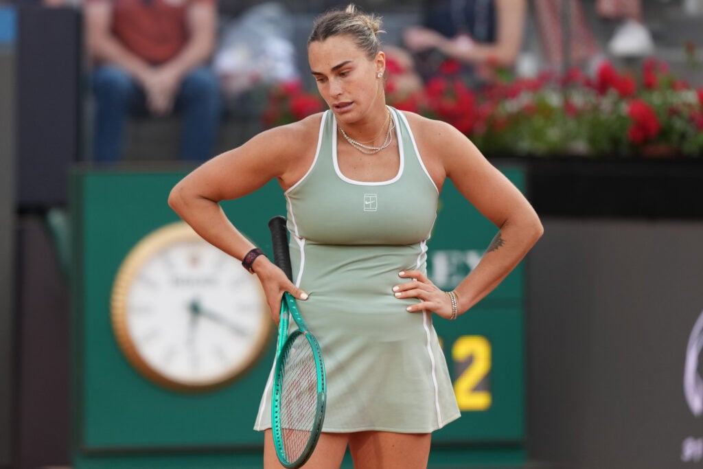 Aryna Sabalenka reacts during her match against Sorana Cirstea at the 2026 Italian Open.
