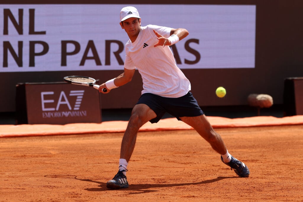 Rafael Jodar of Spain plays a forehand against Learner Tien of United States in their Round of 16 match on day Eight of the Internazionali BNL D'Italia 2026 at Foro Italico on May 12, 2026 in Rome, Italy.