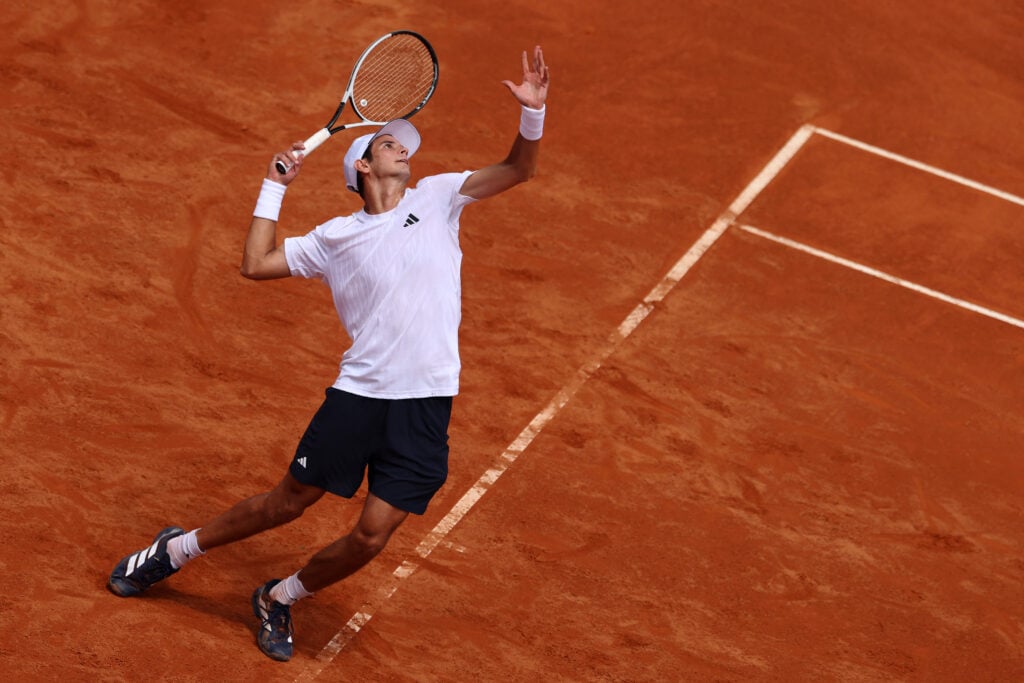 Rafael Jodar of Spain serves against Learner Tien of United States in their Round of 16 match on day Eight of the Internazionali BNL D'Italia 2026 at Foro Italico on May 12, 2026 in Rome, Italy.