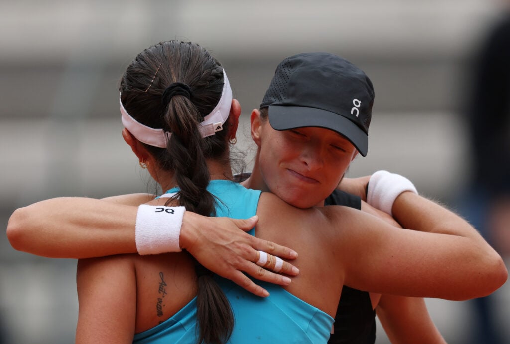 Iga Swiatek of Poland is congratulated by Jessica Pegula of United States after their Women's Singles Quarterfinal match on day nine of the Internazionali BNL D'Italia at Foro Italico on May 13, 2026 in Rome, Italy.